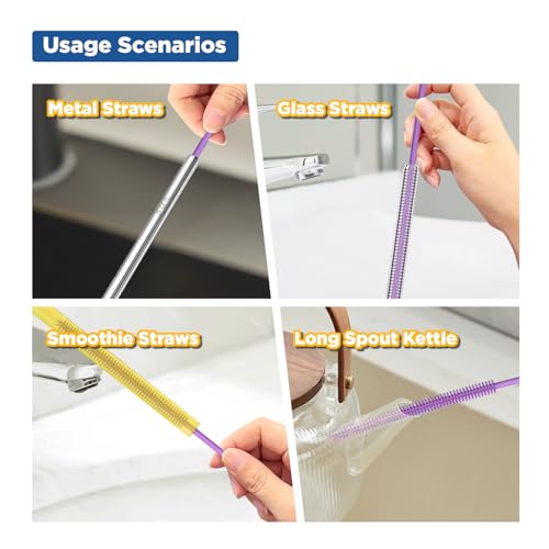 YOTIME Silicone Straw Cleaner Brush, 2Pcs Reusable Straw Brush Extra Long for Cleaning Tumbler with Handle and Glass Metal Smoothie Straws, Non-slip Handle Soft and Bendable, 6mm+9mm, Purple - color: Purple