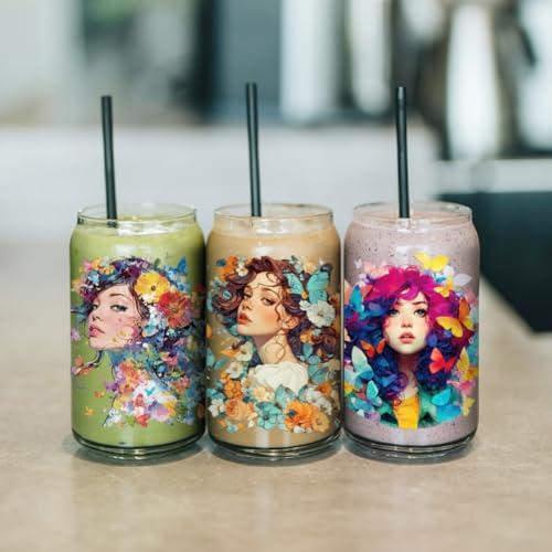arricraft 10 Sheets Butterfly Girl UV DTF Cup Wrap for 16OZ Glass, Flowers and Butterflies Rub on Decals PVC Transfer Stickers for DIY Cups Wood Funiture 24x11cm/9.4x4.3inch - style: Butterfly Girl Theme