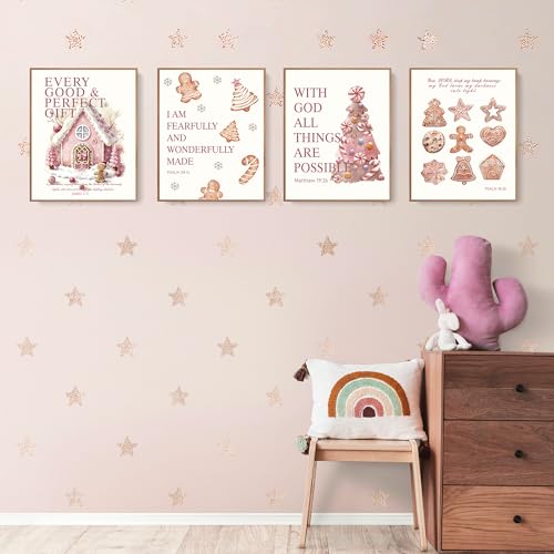 LARTSFRO Coquette Pink Christmas Gingerbread House Gifts Wall Art Decor Posters, Cute Christmas Gingerbread Man Christian Room Bathroom Bedroom Dorm Wall Art Decor Aesthetic for College Teen Girls Gifts, Inspirational Bible Verses Gingerbread Wall Decor,