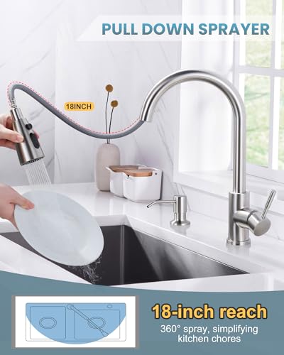 WOWOW Kitchen Faucet with Soap Dispenser: 304 Stainless Steel Kitchen Sink Faucet with Pull Down Sprayer 3 Modes, Single Handle High Arc Mixer Taps for Sink, RV, Laundry, Bar (Brushed Nickel) - color: A: Brushed Nickel, style: Kitchen Faucet with Soap Dis