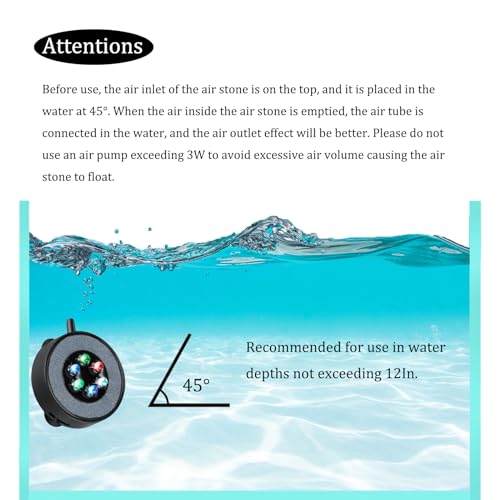 Carefree Fish Aquarium USB LED Light 2Inch Air Stone Timer with 3Ft Slicone Tubing Fish Tank Bubbler or Freshwater and Saltwater Fish Tank（Not Included Air Pump）