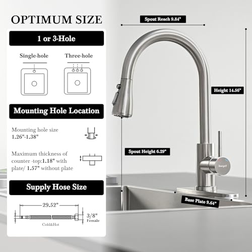 Ibergrif Kitchen Faucets with Pull Down Sprayer, Single Handle High Arc Brushed Nickel Stainless Steel 1 or 3 Hole Kitchen Sink Faucet with Deck for RV Laundry Farmhouse Bar