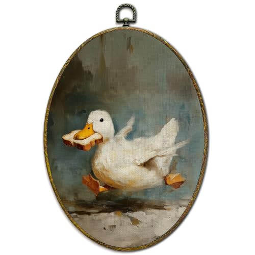 XFCICRLJ Vintage Duck Wall Art Decor, Rustic Farm Animal Oval Canvas Prints Framed, Cottagecore Whimsical Duck Bite Bread Wall Art Decorations for Home Bedroom Living Room Decor, 11x8.5 Inch - color: Duck01