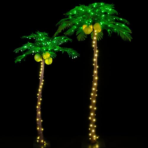 TYBEEU 5ft & 7ft Lighted Palm Tree Set with Glowing Coconuts, Dimmable, Decorative Artificial Trees for Indoor & Outdoor Use, Perfect for Home, Garden, Patio, Luau, Summer, Tropical Party & Holiday - size: 5ft/7ft