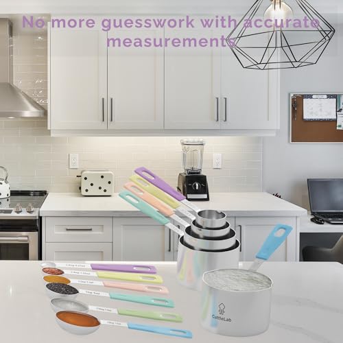 CuttleLab Measuring Cups and Measuring Spoons Set of 14 - Stainless Steel Measuring Cups and Spoons Set, Includes 1/8 Teaspoon Measuring Spoon, 1/8 Cup Measuring Cup, Leveler Dry (14,Cotton Candy) - color: Cotton Candy