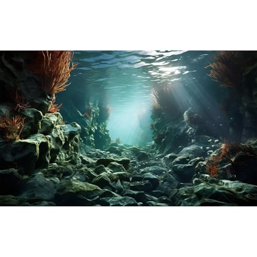 Under The Sea Aquarium Background Underwater Coral Reef Aquatic Plants Fish Tank Background Undersea Cave Marine Life Sunray Terrarium Backgrounds Ocean Floor Scene Reptile Tank Backgrounds 24x12in - color: Blue_Grey, size: 24(W)x12(H)in