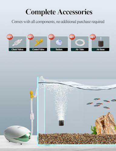 boxtech Aquarium Air Pump, Oxygen Fish Air Pump with Adjustable Air Valve, Fish Tank Air Pump with Accessories Tube, Bubble Stone and Check Valve, Tank Aerator Kit - style: 1 Outlet,1-30 Gallon