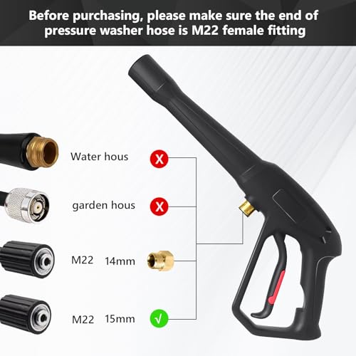 Pressure Washer Gun with 5 pcs Quick Connect Nozzles,Compatible with Karcher, Ryobi,Powerstroke,Greenworks, Husky, Raptor Blast,Electric Power Washer,with M22-14mm and M22-15mm Fitting Replacemen