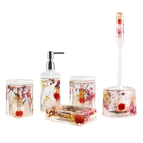 Locco Decor Bathroom Vanity Accessory Set Acrylic Liquid 3D Floating Motion Toothbrush Holder, Tumbler, Soap Dispenser, Soap Dish, Toilet brush, 5-Piece Accessory Set Garden Botanic Pink Plants - size: 5-piece, style: Pink Plant