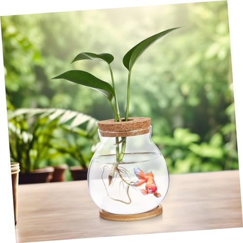 BESPORTBLE Desktop Hydroponic Glass Fish Tank with Lid and Bamboo Mat Transparent Betta Fish Bowl for Home Decor and Aquatic Plants for Desktop Bookshelf