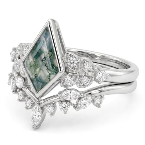 Natural Moss Agate Engagement Ring Set for Women, Unique Genuine Moss Agate Ring, 925 Sterling Silver 10K 14K 18K Solid Gold Nature Inspired Bridal Set, Boho Wedding Jewelry Gift - color: Four