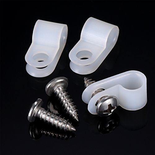 Hicarer 50 Pack R-Type Cable Clip Wire Clamp, Nylon Screw Mounting Cord Fastener Clips with 50 Pack Screws for Wire Management (White,1/4 Inch) - color: White, size: 1/4 Inch
