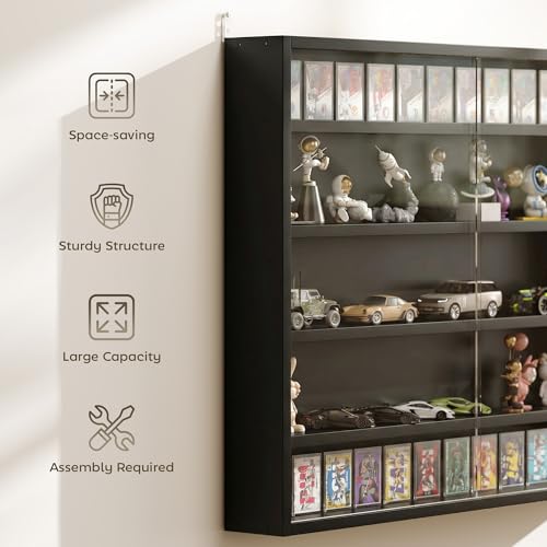 HOMCOM 5-Tier Display Cabinet, Glass Door Cabinet with Adjustable Shelves, Wall-Mounted Display Case for Playroom, Bedroom, Jet Black - color: Jet Black