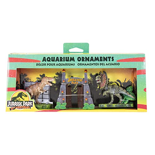 Penn-Plax Jurassic Park Officially Licensed 3-Piece Aquarium Ornament Bundle – Includes T-Rex Park Gate, and Dilophosaurus Decorations – Small - style: 3 piece Bundle