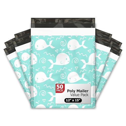 12x15 (50) Blue Whales Designer Poly Mailers Waterproof Self Sealing Tear Resistant Polymailers Shipping Envelopes Premium Printed Bags For Small Businesses - color: Blue Whale, size: 12x15