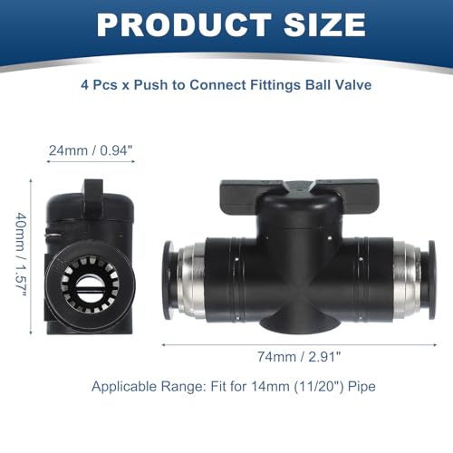 PATIKIL 14mm (11/20") Push to Connect Fittings Ball Valve, 4 Pcs 0-60 Degree BUC Air Flow Control Valve Quick Straight Connectors Air Hose Fitting for Pneumatic System Pipeline, Black - size: 14mm (11/20")