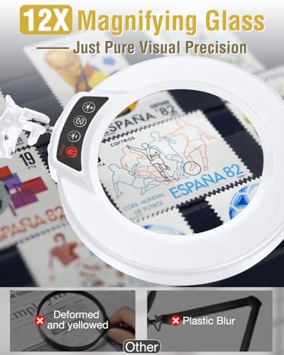 12X Magnifying Glass with Light and Clamp, Ultra Long 3 Section Swing Arm LED Desk Lamp, Real Glass Lens, 5 Color Modes Dimmable, Hands Free Lighted Magnifier with Stand for Repair Crafts - White - color: White, size: 12X 36inch Clamp