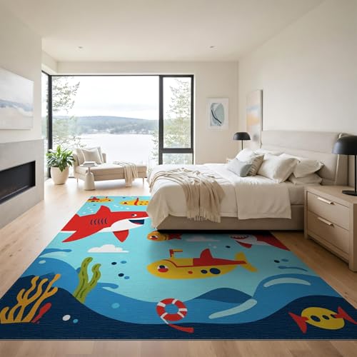9'x12' Washable Modern Fish Oversized Rug, Yellow Non-Shedding Pet Friendly Carpet for Master Suite, California King, Under Bed, Foldable Easy Care Mat | Ref:2070041 - color: Blue/Pattern 18, size: 9' x 12' (Rectangular)