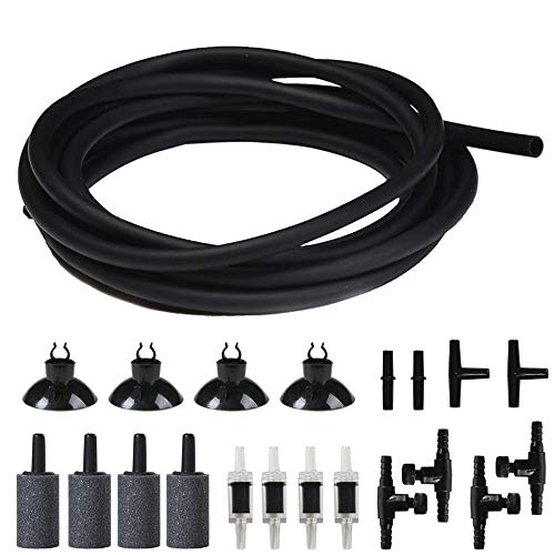 Aquarium Air Pump Accessories Set -25 Feet Airline Tubing Black Standard, Air Stones,Check Valves, Suction Cups and Connectors