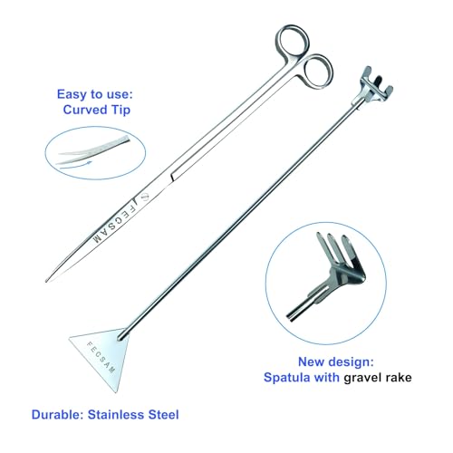 Aquarium Aquascape Tools Kit, 15 inch Stainless Steel Includes Brush, Tweezers/Feeding Tongs, Scissors, Spatula, Algae Scraper, Rake, for Fish Tank Cleaning Scrubbing, Trimming