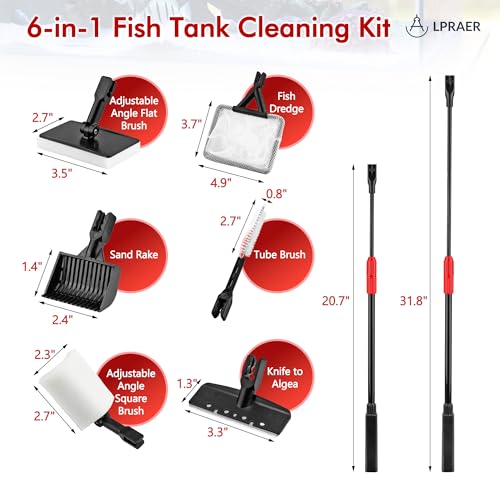Lpraer Multifunction 7 PCS Aquarium Cleaning Tools Bundle Kit Set Adjustable Fish Tank Cleaner w/Long Telescopic Extended Handle,Fish Net,Algae Scraper, Sponge Pad, Gravel Rake & Cleaning Brush