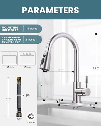 WOWOW Kitchen Faucet with Sprayer, Kitchen Sink Faucet, SUS 304 Stainless Steel, High Arc Single Handle Brushed Nickel Kitchen Faucets with Pull Down Sprayer, Pull Out Kitchen Faucet with Deck Plate - color: A: Brushed Nickel, style: Kitchen Faucet