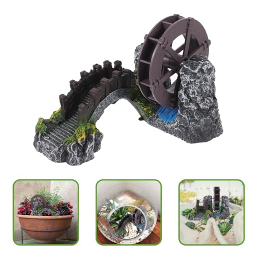 Yardwe Windmill Water Wheel Oxygen Pump 7.08X5.90X4.72In Mini Aquarium Decoration Resin Fish Tank Bridge Ornament for Indoor Outdoor Garden Pond