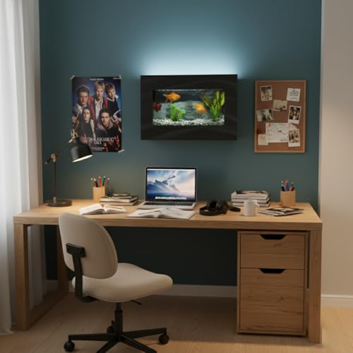 Aussie Aquariums 3.0 Wall Mounted Fish Tank Kit with LED Lighting, Built-in Filter System, Modern Space-Saving Design, Complete Accessories Set (View, Black) - color: Black, size: View