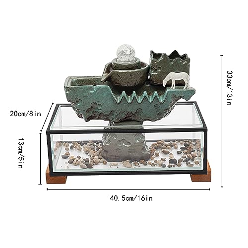 Desktop Water Fountain with LED Lights, Eco Fish Tank for Home Office Decor, 4mm Glass Indoor Waterfall with Mist for Good Luck Wealth, 16x8x5 Inch