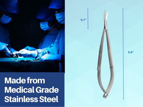 5.5” Curved Micro Scissors Castroviejo Style Premium Stainless Steel Spring Action Squeeze Scissors for Stitch Cutting, Sewing, Embroidery, Applique & Precision Craft