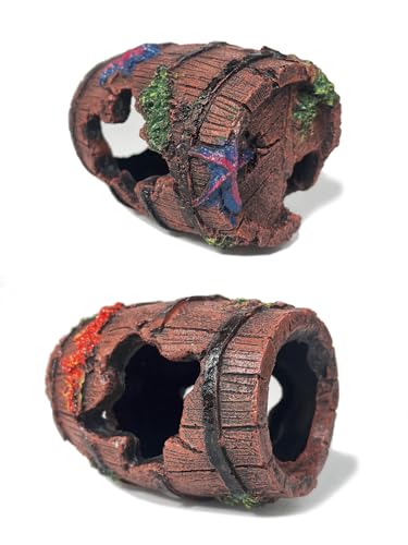 Aquarium Decor - Small Broken Barrel with Star Fish Tank Cave Hideout with Holes, Mini Decorations for Betta Fish, Shrimp, Nano Tank Decor, Aquarium Accessories Supplies, Safe Aquatic Ornament - color: Broken Barrel Cave