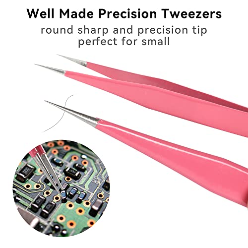 H&W Pink Precision Tweezers 6PCS Set, Upgraded Anti-Static Stainless Steel Curved of Tweezers for Women, for Electronics, Laboratory Work, Jewelry-Making, Craft, with Storage Bag - color: Pink