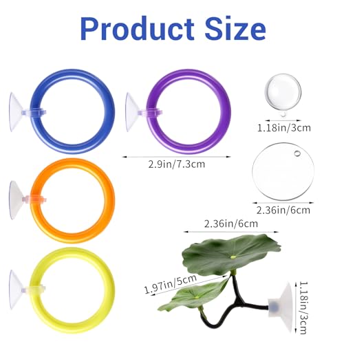 6 PCS Betta Fish Toys, 4 Exercise Training Ring 1 Fish Mirror with Ball and 1 Resting Leaf for Small Medium Stress-Free Fishes Bettas Aquarium, Multicolor