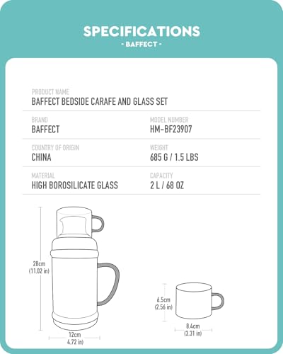 Baffect Bedside Water Carafe And Glass Set, High Borosilicate Glass Pitcher For Hot Or Cold Beverage, 68oz Water Bottles With 10 Oz Tumbler For Nightstand, Kitchen, Mouthwash Dispenser For Bathroom - style: With Lid