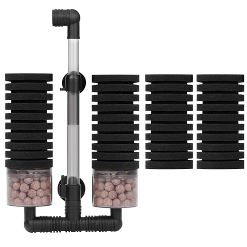 AQUANEAT Aquarium Air Powered Sponge Filter with Ceramic Media Balls, for Betta Fry Shrimp Fish Tank, with 2 Spare Sponges, up to 55Gal - size: Large