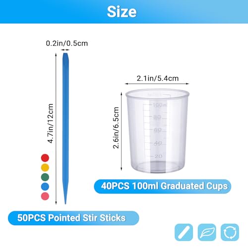 Gartful 90PCS Epoxy Mixing Cups Kit, 40PCS 100ml Disposable Graduated Cups Transparent Scale Cups with 50 Pack Pointed Stirring Sticks for Paint Mixing, Jewelry Making, Liquid Measuring - color: Clear cups+point stick, size: 100ml