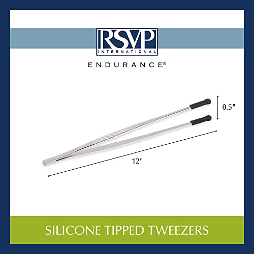 RSVP International Endurance Silicone Tipped Kitchen Tweezers Food Safe, Durable Stainless Steel, Heat Safe up to 475 Degrees F, 12" Length