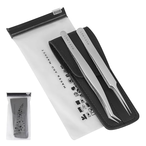 Small Precision Tweezers 4.5 Inch Set of 2 Kit - Mini Angled and Fine Needlepoint Tips with Pouch Sleeve for Embroidery, Jewelery, Beading, Thread, Knitting, Sewing, Arts & Craft (Satin)