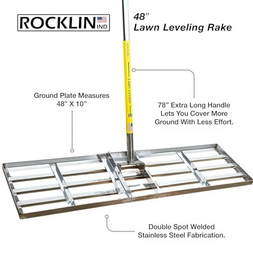 Rocklin™ Lawn Leveling Rake | Stainless Steel Leveling Tool | Level Soil or Dirt Ground Surfaces Easily | 48” x 10” Ground Plate | 78” Extra Long Handle Yard for Dad, Husband & Men - size: 48 Inches
