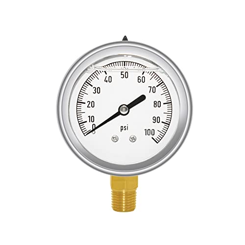 Joywayus Pressure Gauge 0-100 PSI Brass 1/4" NPT Male Thread Lower Mount, Glycerin Filled, Stainless Steel Case, Multiple Function - size: 0-100PSI--1/4", style: Glycerin Filled