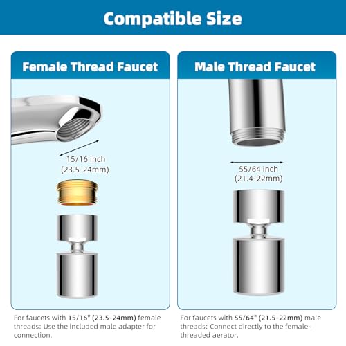 Hibbent NSF/ANSI/CAN 61 Certified Faucet Aerator, CUPC Certification 360° Twist Kitchen Sink Aerator, Dual-function Sink Sprayer Attachment, Faucet Replacement Part 55/64'' Female Thread, Chrome - color: Chrome, style: Classic 360 Degree Faucet Aerator