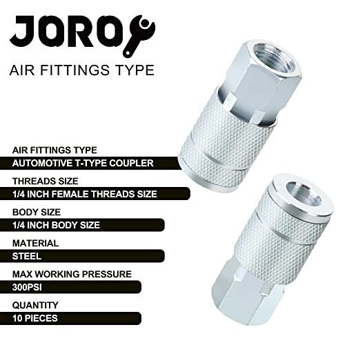 1/4 Air Hose Fittings, 1/4 Inch Female Threads Size, Automotive T-type Coupler, Steel Material, 300PSI Max Working Pressure, 10 Pieces Air Compressor Accessories Set - size: 1/4 FNPT COUPLER