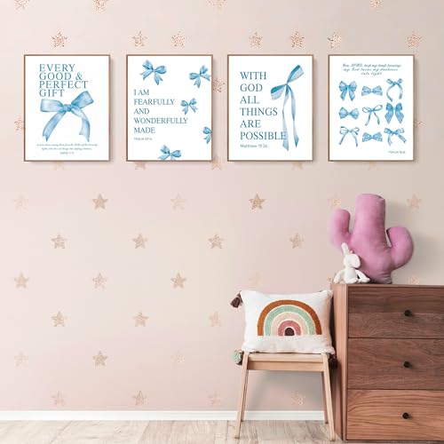 LARTSFRO Coquette Blue Bow Bible Wall Art Decor Poster, Blue Bow Bathroom Decor, Aesthetic Teen Girl Living Room Bathroom Decor, Trendy Gifts for Women Teens Teen Girls, 10x8 Inch Set of 4 Unframed - color: blue bow, size: 8X10in