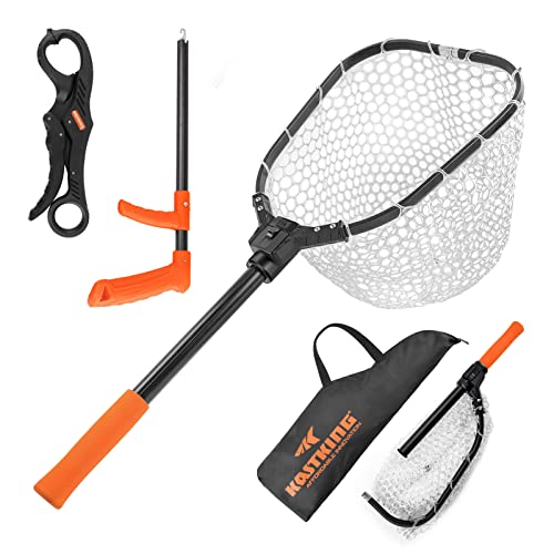 KastKing Brutus Fishing Net, Foldable Extendable Fish Landing Net, Lightweight & Portable Fishing Net with Soft EVA Foam Handle, Holds up to 44lbs/20KG, Fish-Friendly Mesh for a Safe Release - size: 31" Total Length(not extendable), style: Silicone Net Co