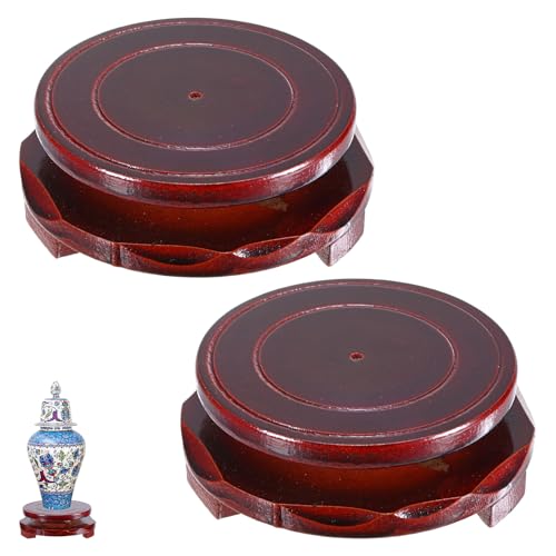 M METERXITY 2 Pack Display Stand, Brown Wooden Stands for Display, Stable Round Base Stand Decor for Fishbowl Planter [Rotation, 3.54'' x 1.34''] - size: 3.54'' Top Diameter