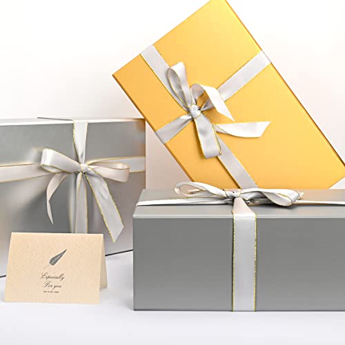 LIFELUM 2 Pack Large Gift Boxes with Lids,13.85 x 8.35 x 4.45 inch Gift Box Rectangle Collapsible Box Groomsmen Gift Boxes for Presents with Ribbon, Card, Shredded Paper Filler - color: Grey, size: 1 count (Pack of 2)