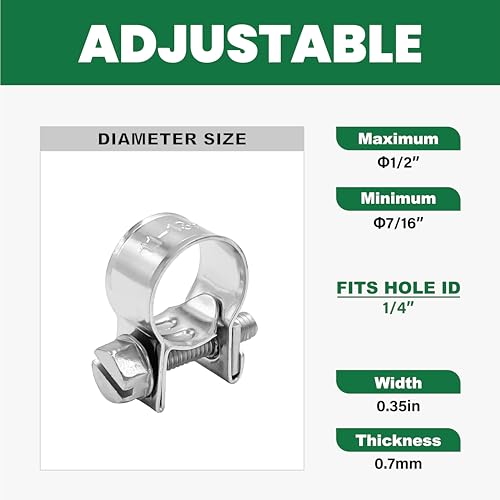 1/4" Mini Fuel Injection Hose Clamps, 20PCS Gas Line Hose Clamp, Adjustable Pipe Hose Clip Tube Clamps for Automotive,Agriculture,Plumbing, 7/16"-1/2" Dia - size: 7/16"-1/2" (11-13mm)