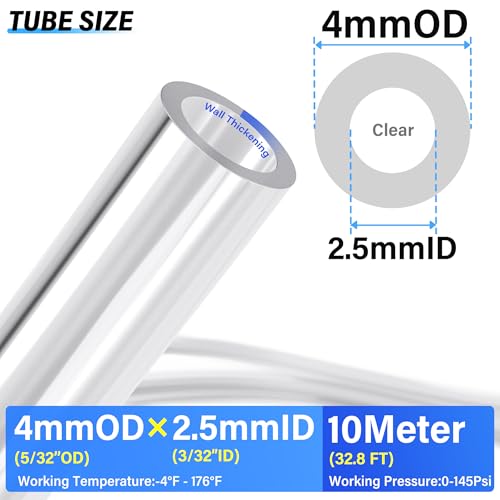 TAILONZ PNEUMATIC Clear 4mm or 5/32 inch OD 2.5mm ID Polyurethane PU Air Hose Pipe Tube Kit 10 Meter 32.8ft - color: Clear, size: 4mm OD/32.8ft/10m