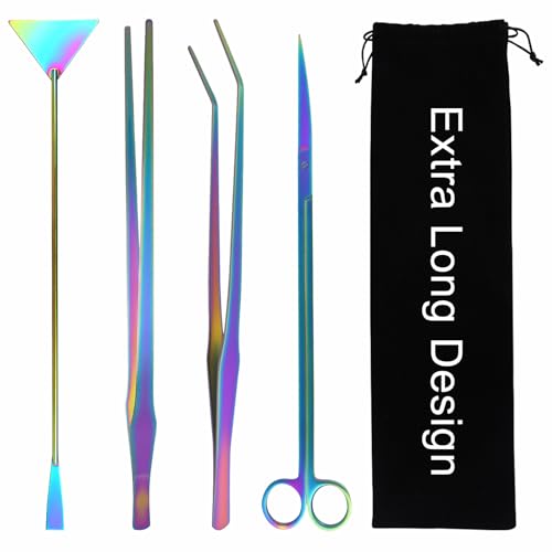 15Inch Extra Long Design Aquarium Aquascaping Tool Stainless Steel Aquascape Tool Kit 4 in 1 Anti-Rust Fish Tank Starter Kit with Long Tweezers Scissors Spatula for Aquarium Plants (Colorful) - color: Colorful