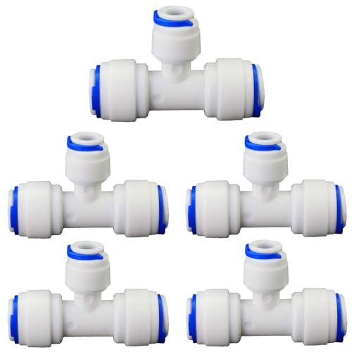 Water purifier adapter, 3/8 * 1/4 * 3/8 "FPT pipe hard plug quick tee, T-shaped tee quick push plastic pipe joint, suitable for reverse osmosis filtration RODI water purifier system 5pcs